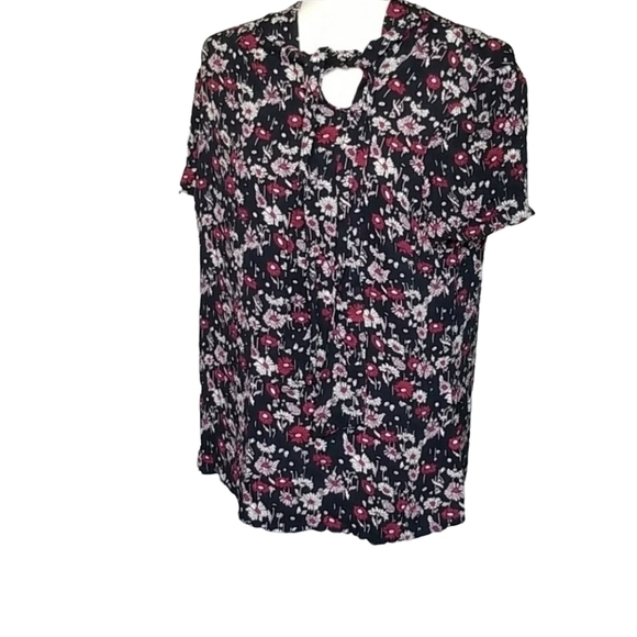 BROOKS Brothers Navy & Pink Floral Top with asymmetrical tie neckline Size 10 - Picture 1 of 10